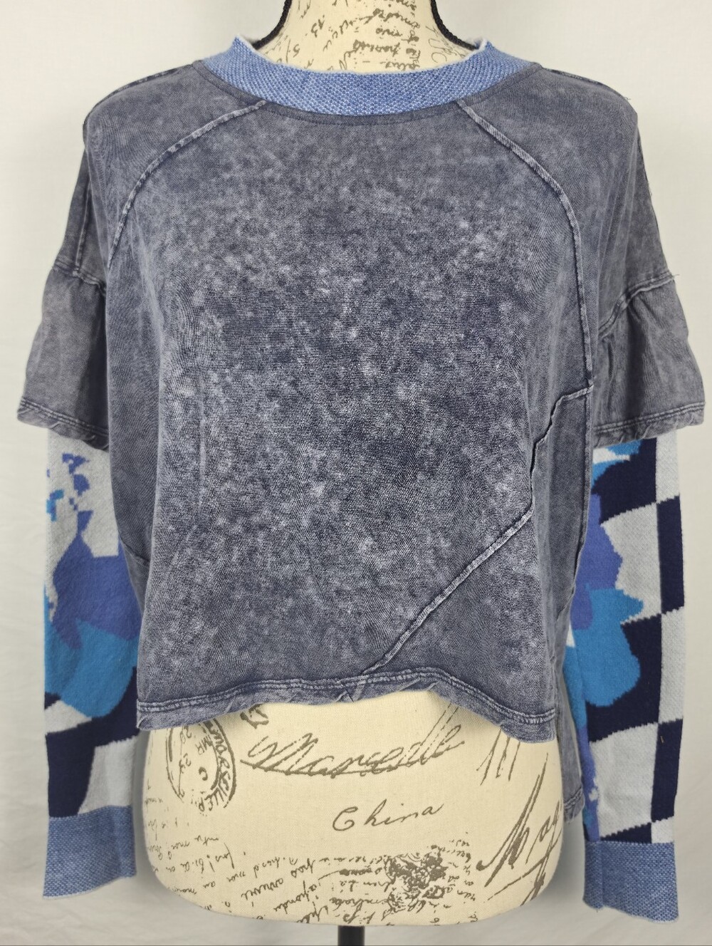 Free People We The Free Mineral Wash Twofer Top Layered Sweater Sleeves Blue